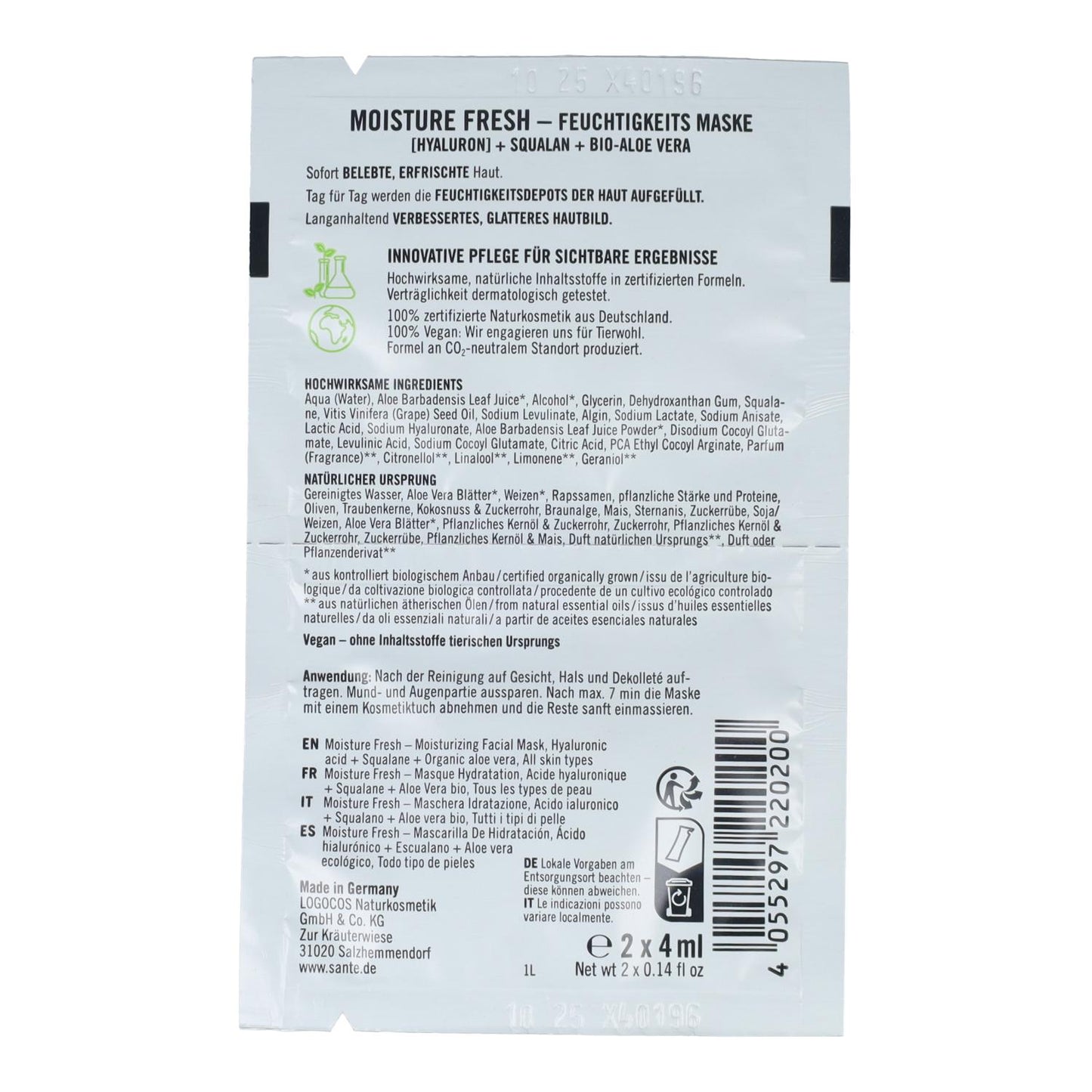 Maschera fresh idratante acido ialuronico & aloe, Sante 2 x 4 ml