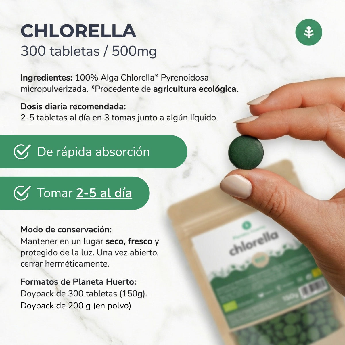 Organisk Chlorella 400 mg Planeta Huerto 300 tabletter