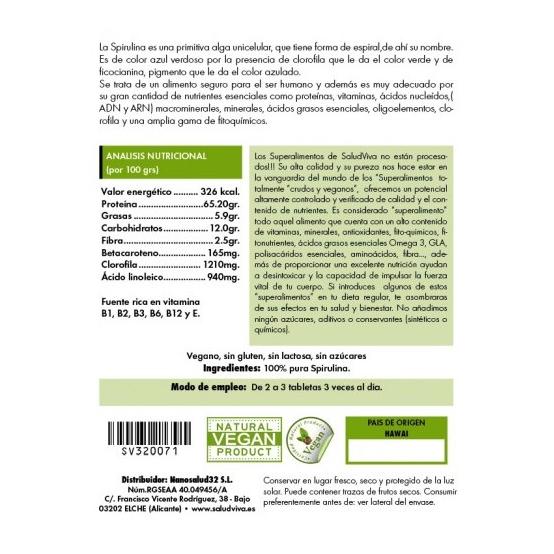 Spirulina ECO 260 tabletten 125 g, Salud Viva