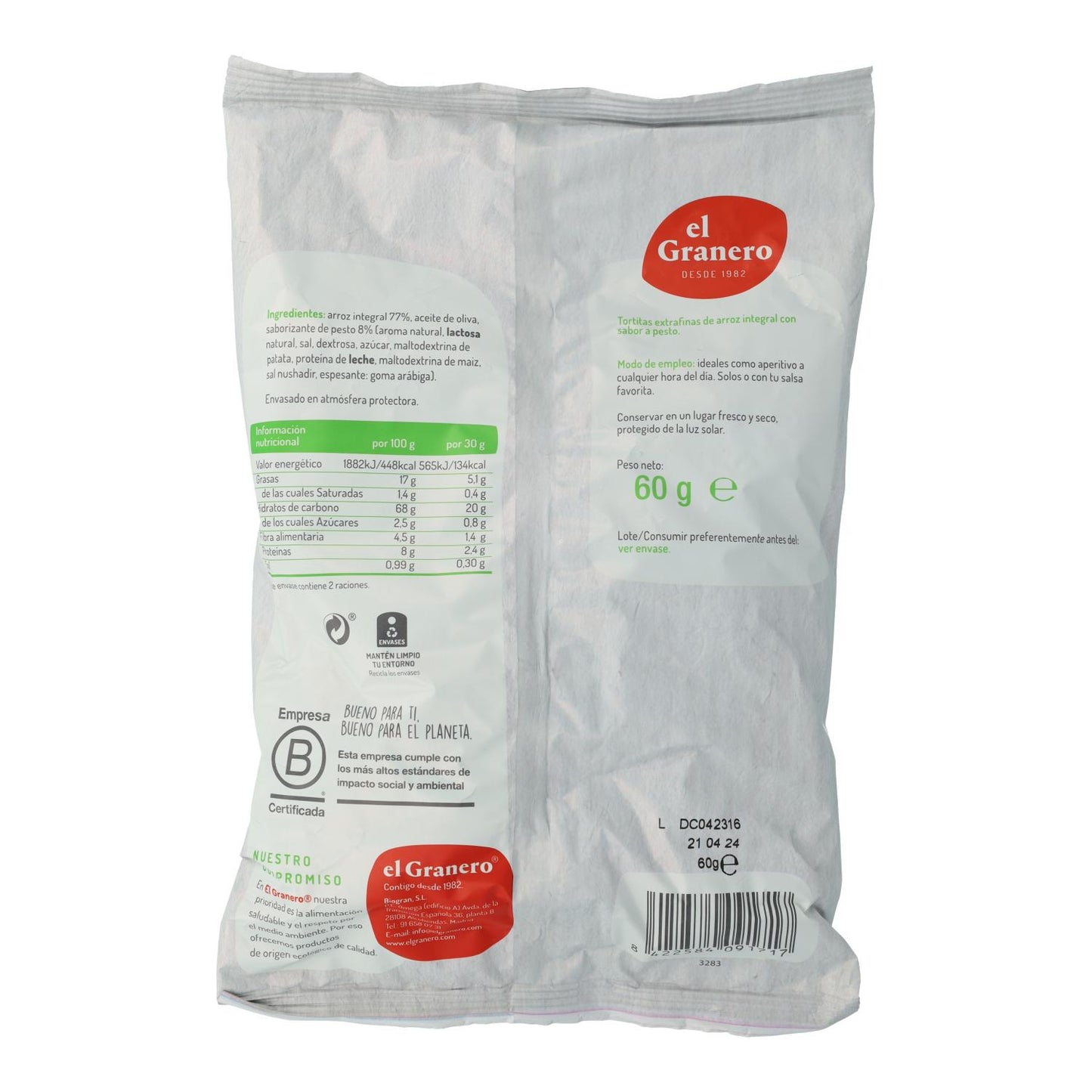 Galettes de riz brun extra fines au pesto sans gluten El Granero 60 g