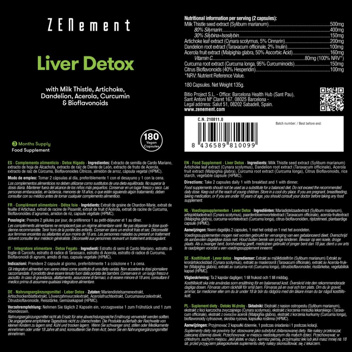 Liver Detox with Milk Thistle + Artichoke + Dandelion + Acerola + Turmeric and Bioflavonoids Zenement, 180 tablets