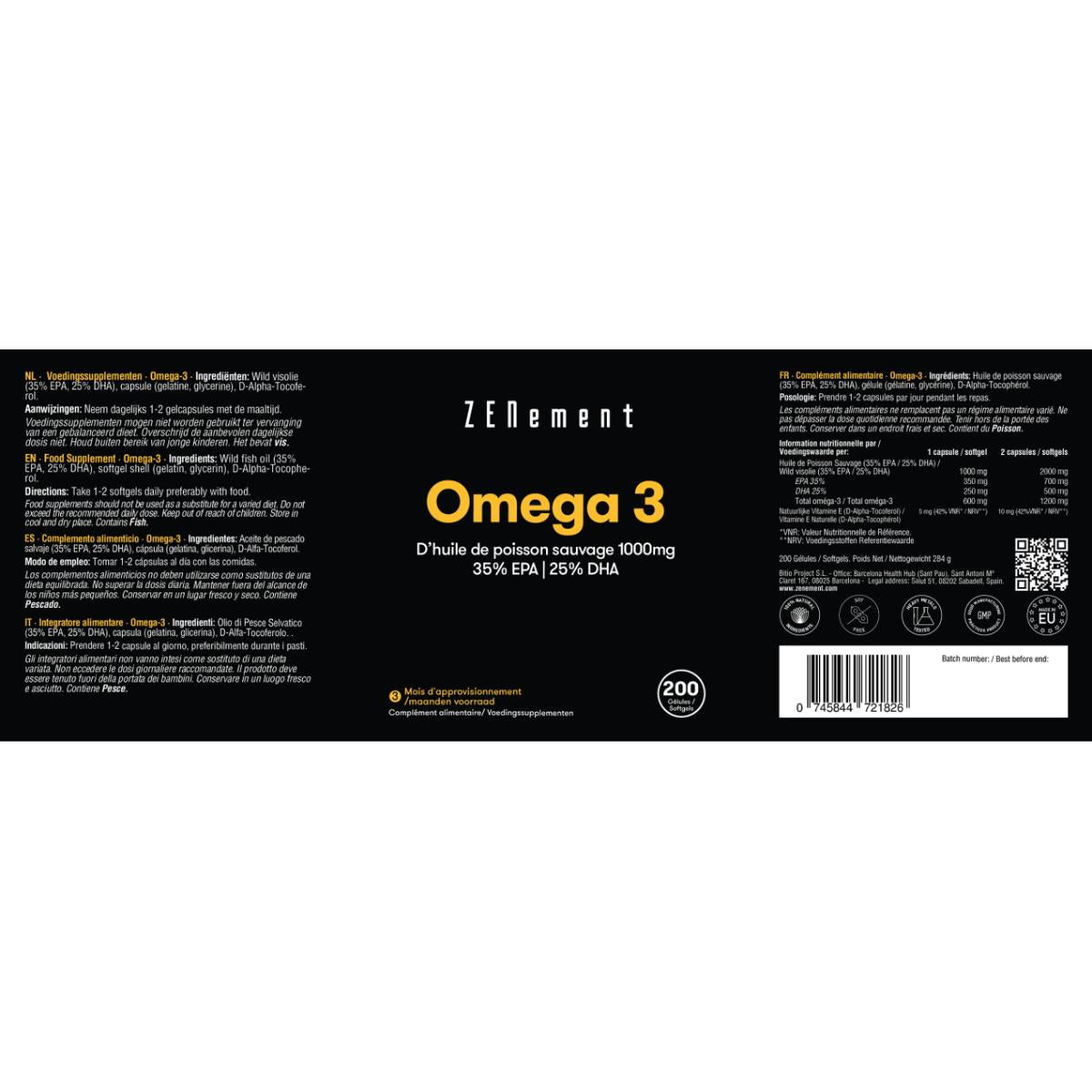 Omega-3 Maximale concentratie, wilde visolie 1000 mg | 35% EPA | 25% DHA Zenement, 200 tabletten