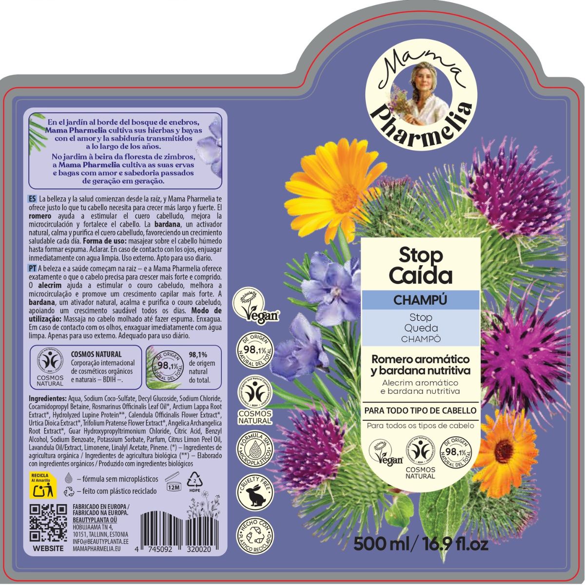 Shampooing anti-chute au romarin aromatique et à la bardane nourrissante, Mama Pharmelia, 500 ml