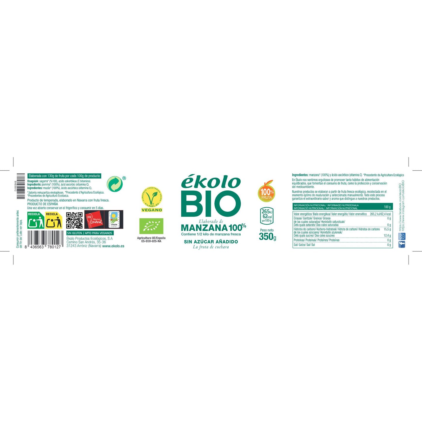 Hergestellt aus 100 % Bio-Äpfeln, zuckerfrei, Ékolo, 350 g