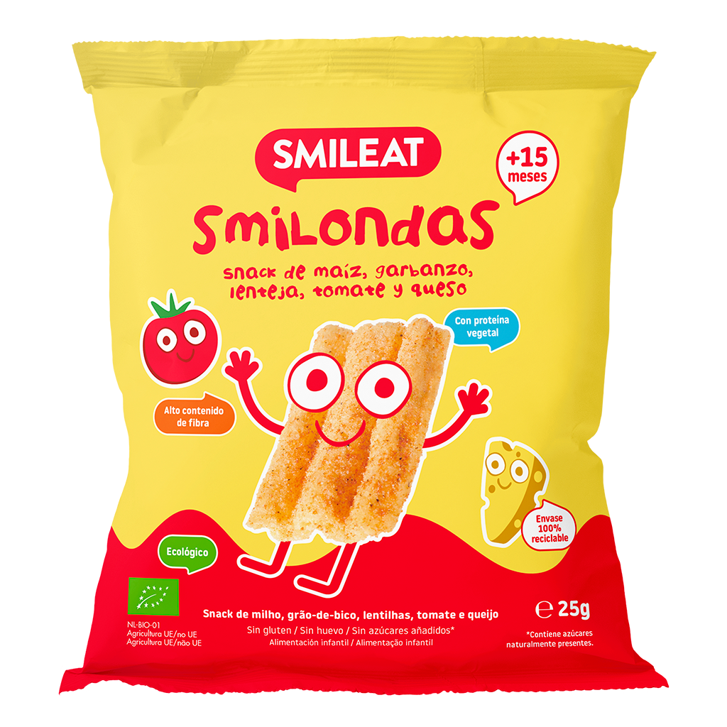 Smilondas Snack aus Mais, Kichererbsen, Linsen, Tomaten und Käse, Bio Smileat, 25 g
