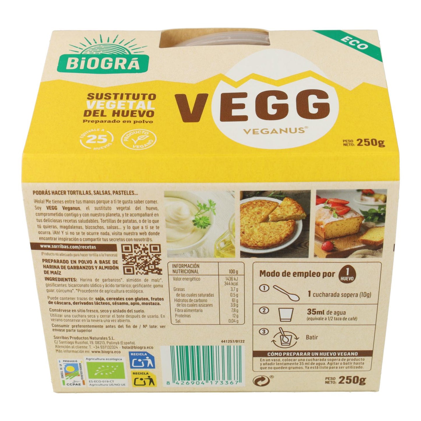 Vegg, sustituto bio vegetal del huevo, Biográ 250 gr