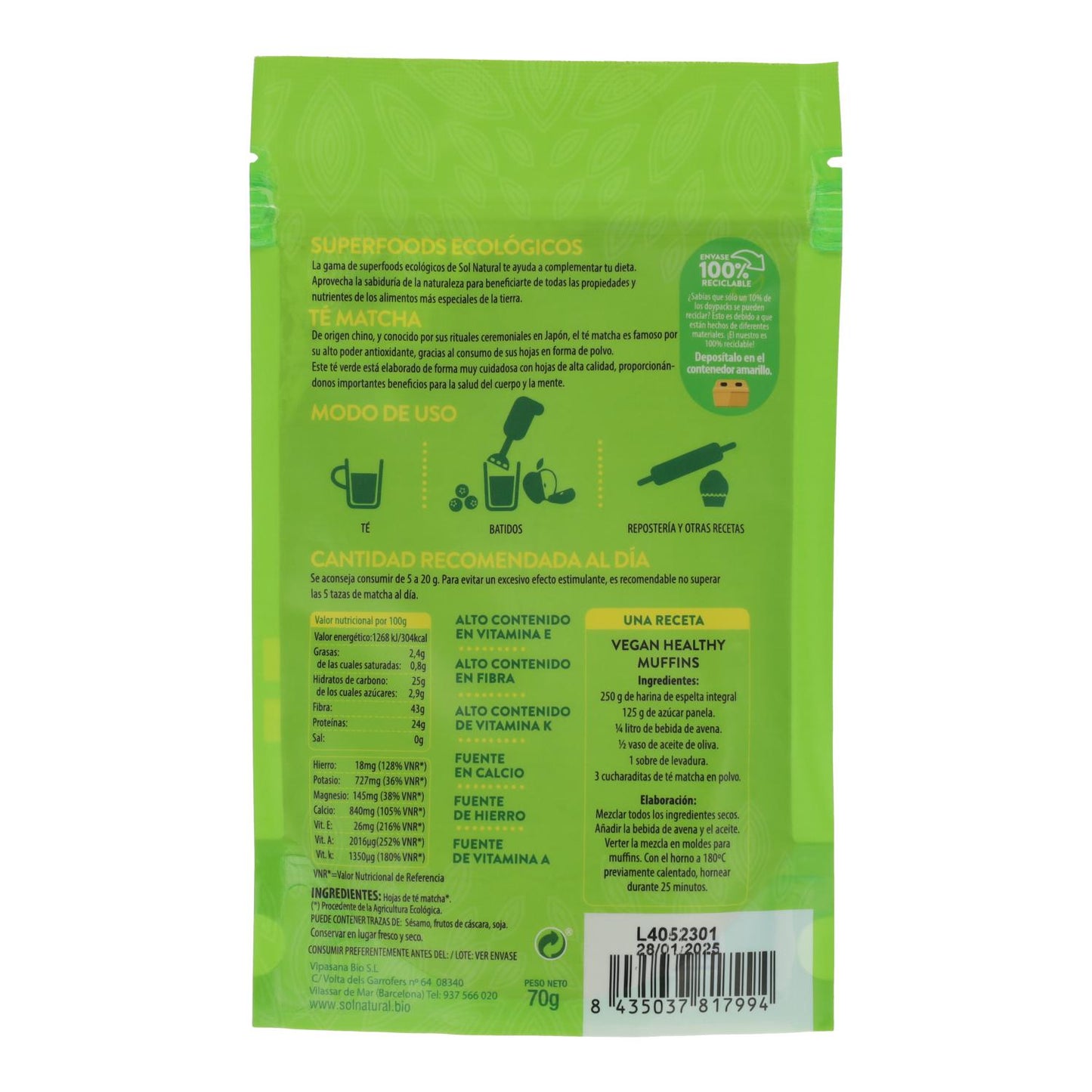 Matcha-thee in poedervorm Sol Natural 70 g