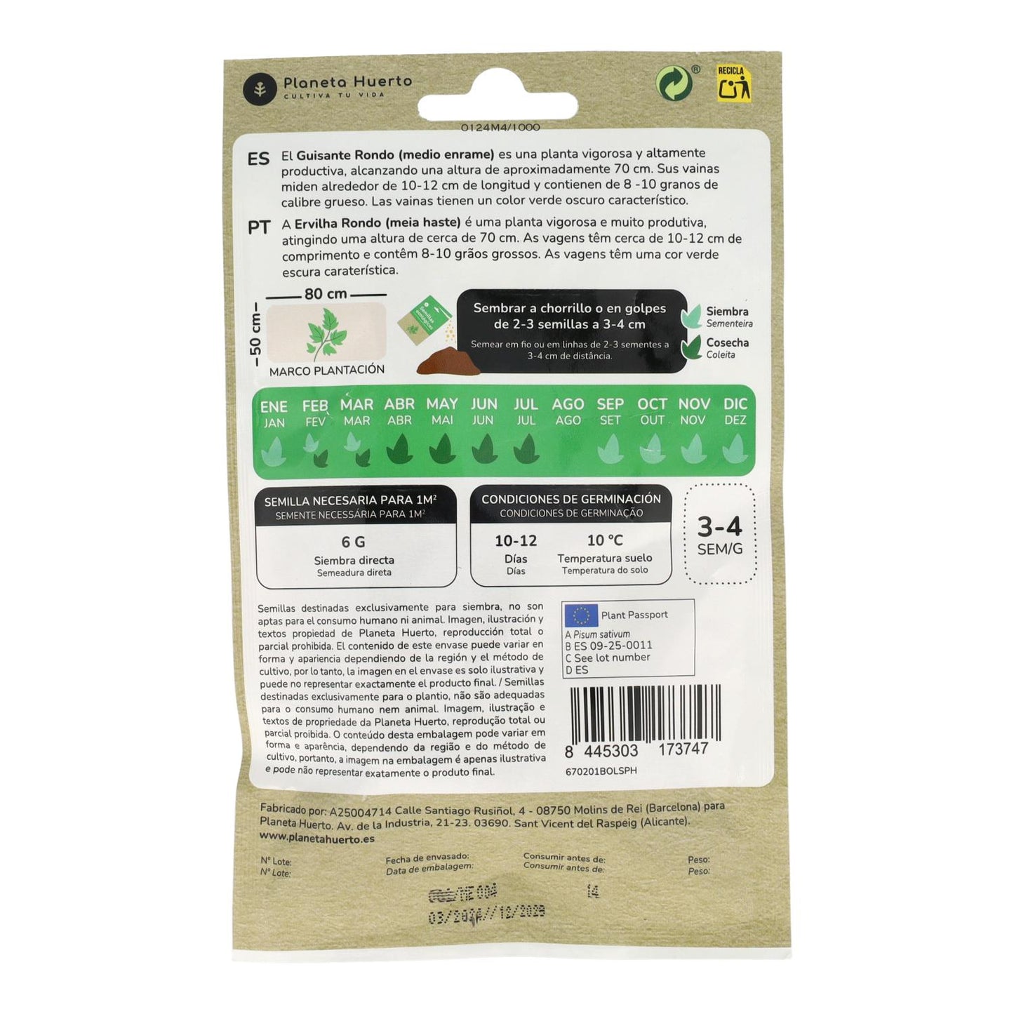 Semillas ecológicas de Guisante rondo 1/2 enrame Planeta Huerto