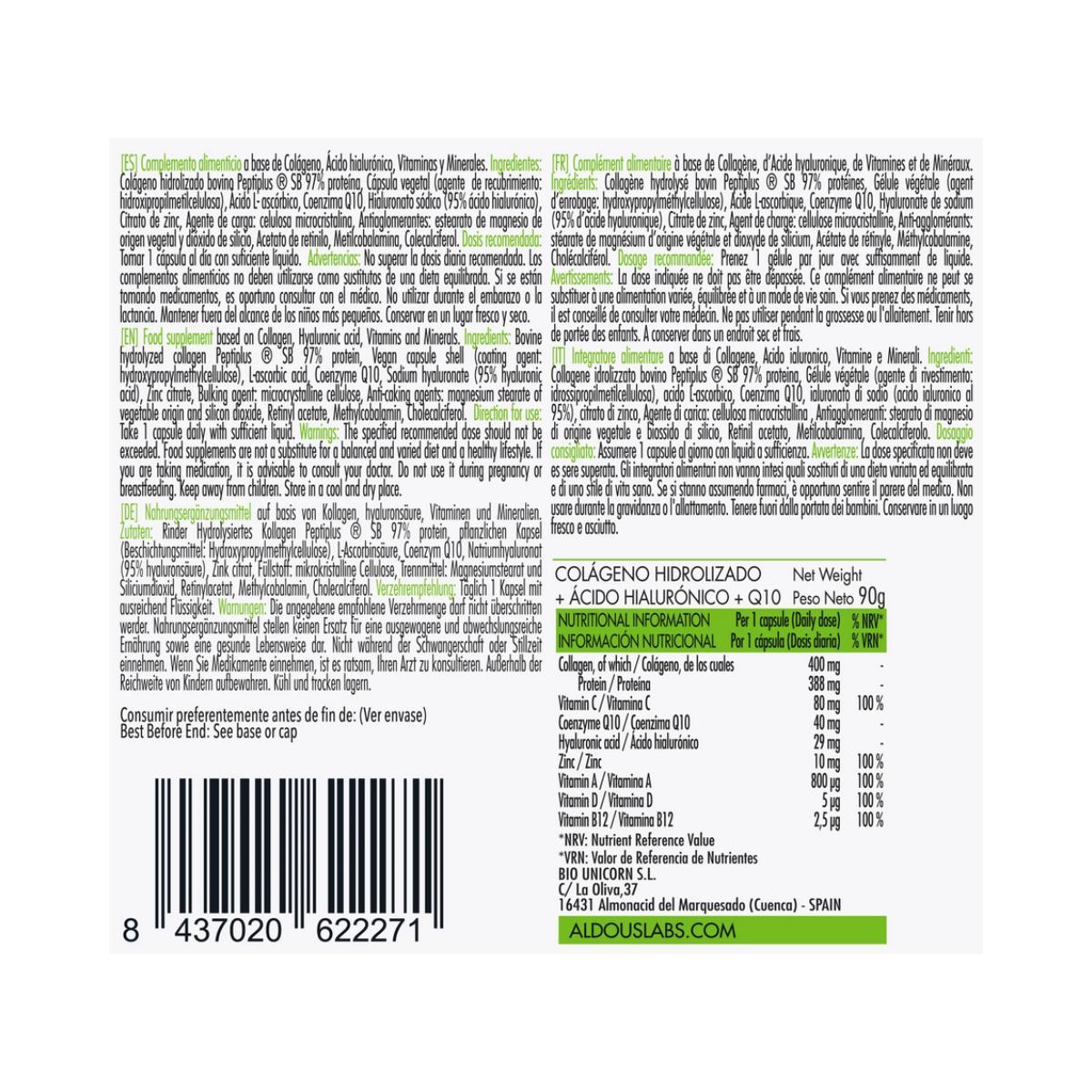 Collagène hydrolysé + acide hyaluronique + coenzyme Q10 + vitamines + zinc, 120 gélules Aldous Labs