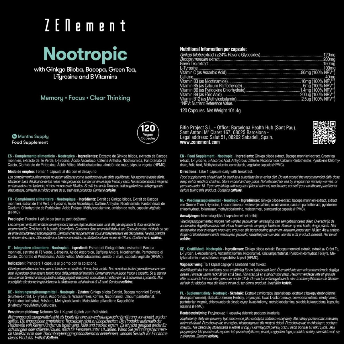 Nootropic, with ginkgo biloba, bacopa, theanine, tyrosine and B vitamins Zenement, 120 tablets