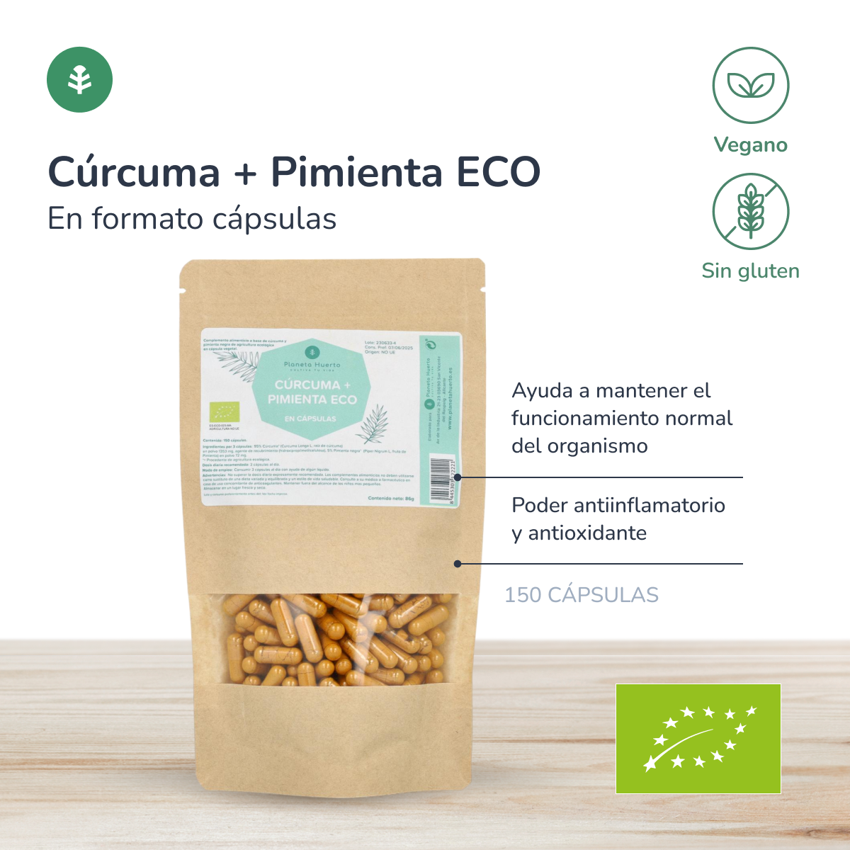 Organic Turmeric + Organic Pepper Planeta Huerto 150 capsules