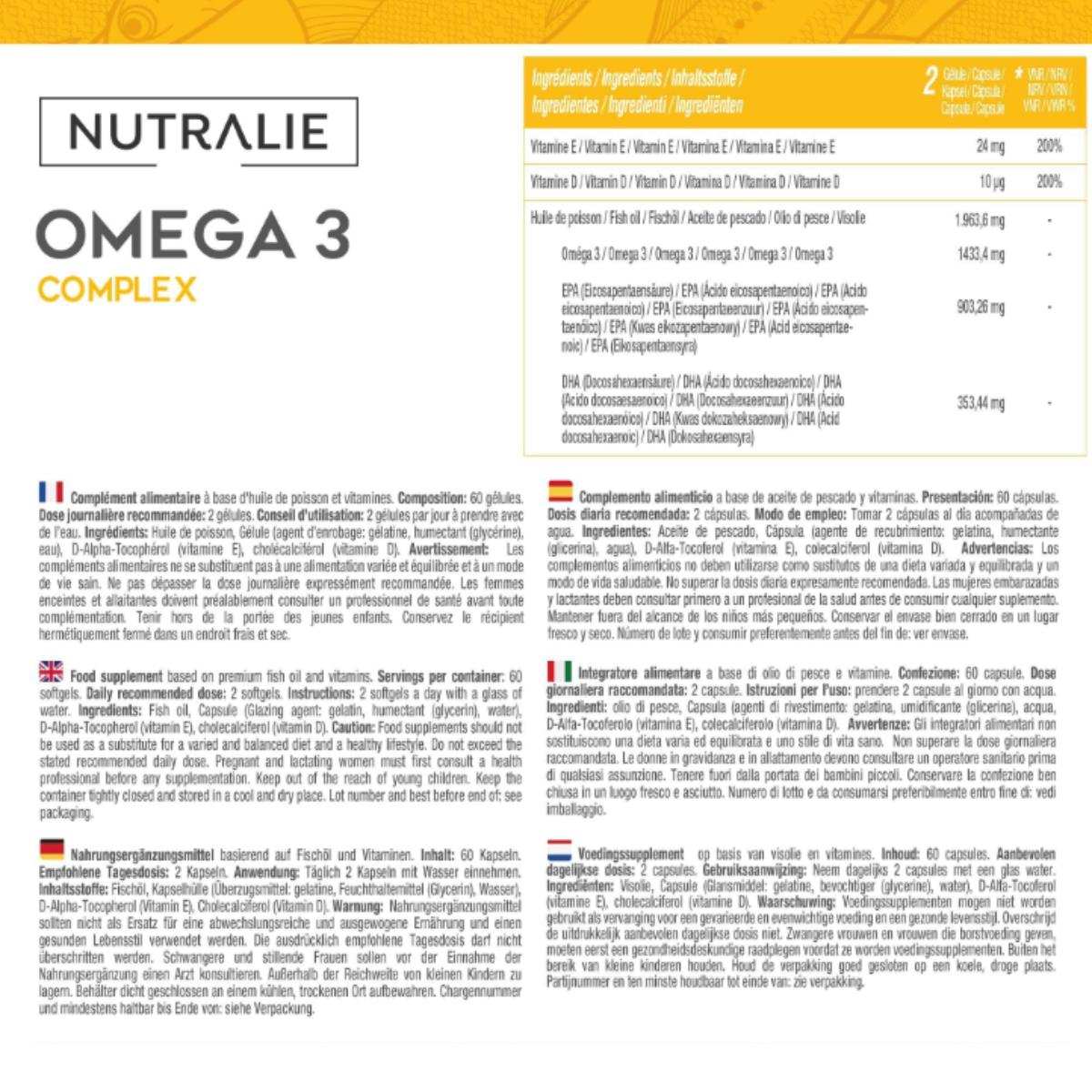 Omega 3 Complex 2000 mg + witamina E i D3 DHA EPA Nutralie 60 kapsułek