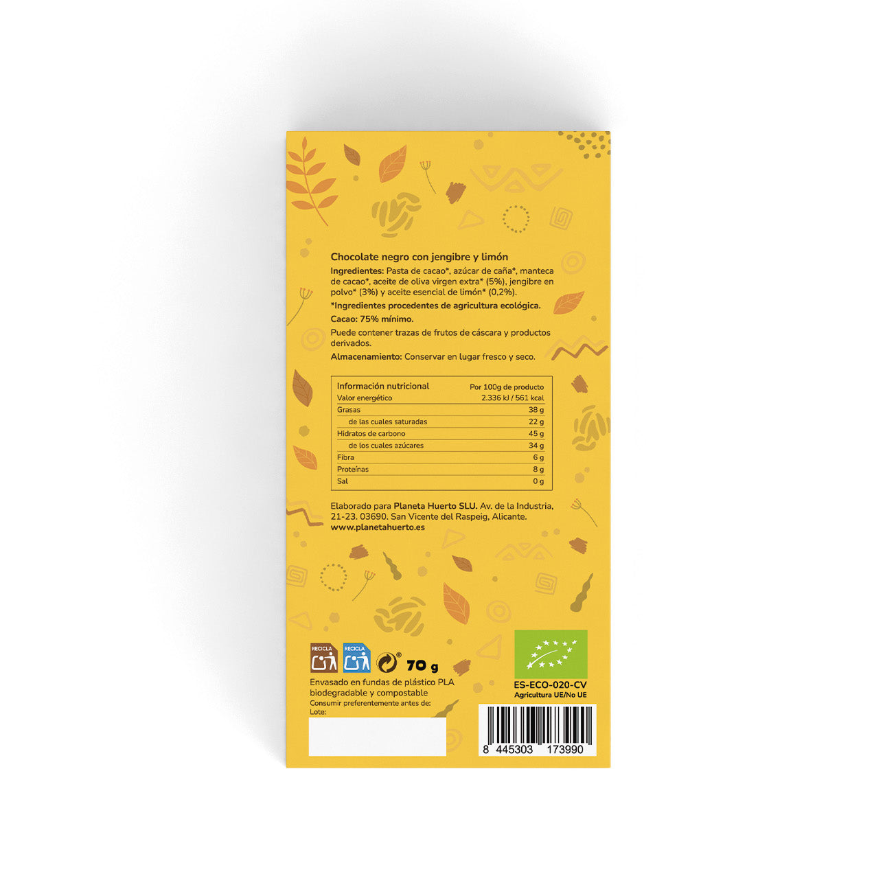 Tavoletta di cioccolato fondente 75% con zenzero e limone ECO Planeta Huerto 70 g
