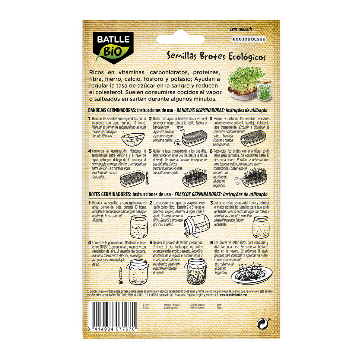 Ekologiska linsfrön för groddar Batlle