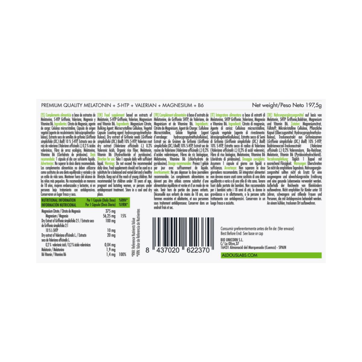 Melatonina con magnesio, 5-HTP, valeriana e vitamina B6, 250 capsule. Aldous Labs