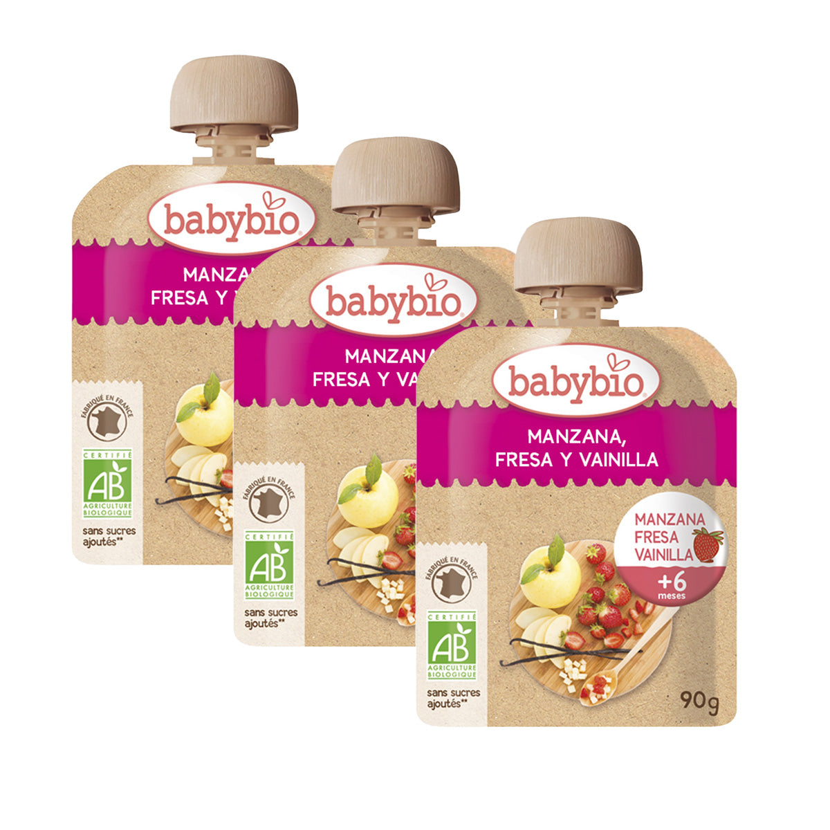 Pack of 3 fruit pouches: Apple, strawberry and vanilla, Babybio, 90 g