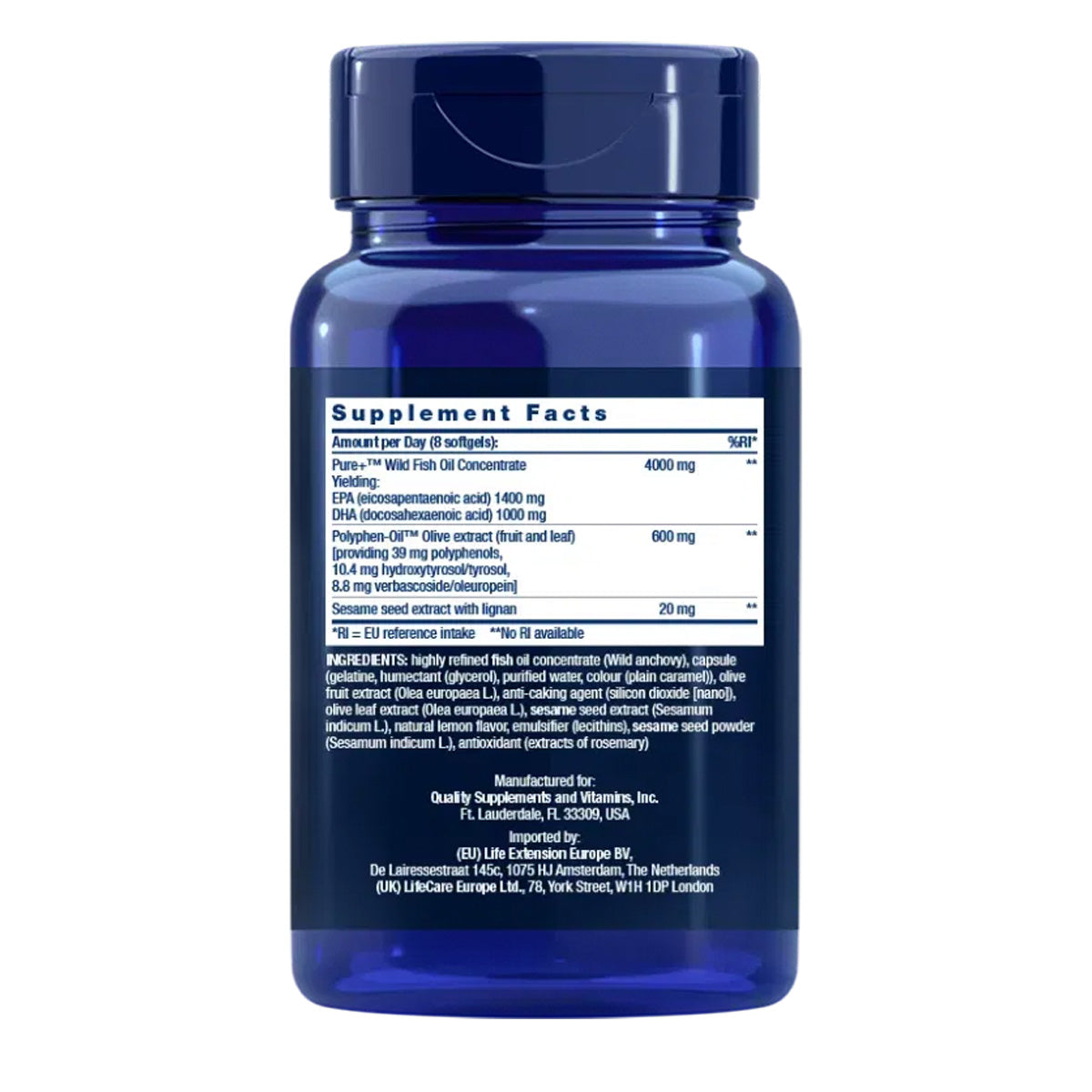 Super Omega-3 EPA/DHA Fischöl Sesam-Lignane & Oliven-Extrakt, Life Extension 240 Kapseln