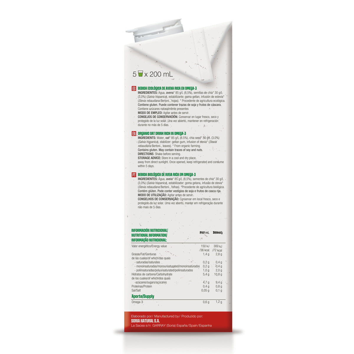 Boisson écologique à l'avoine riche en oméga 3, Soria Natural, 1 L