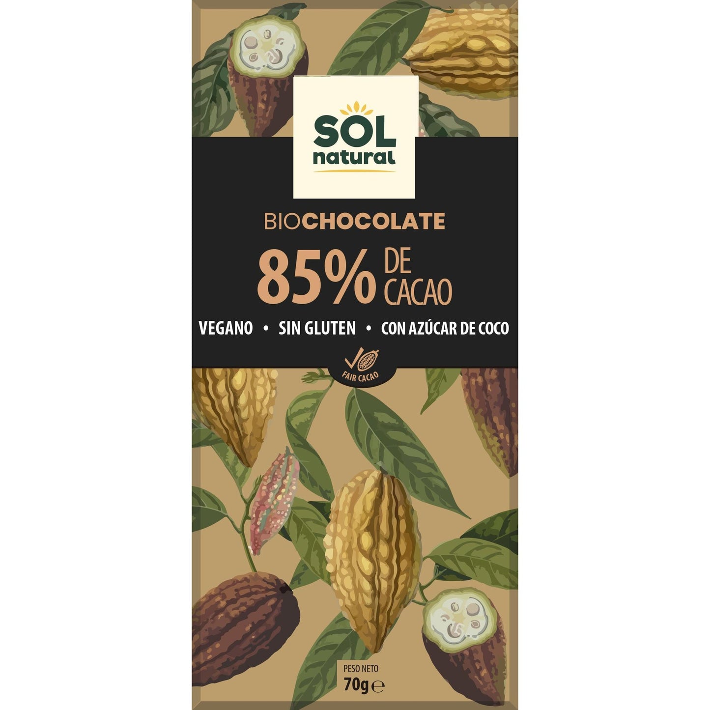 Veganistische pure chocoladetablet 85% Bio Sol Natural 70 g