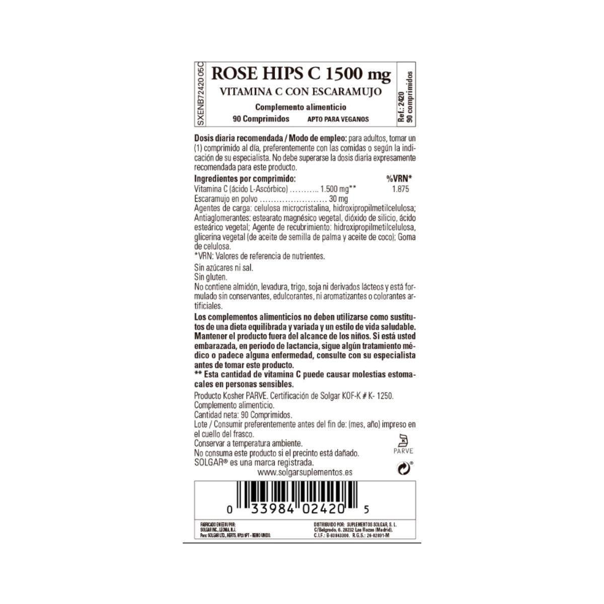 Rose Hips Witamina C z owocami dzikiej róży 1500 mg, 90 tabletek