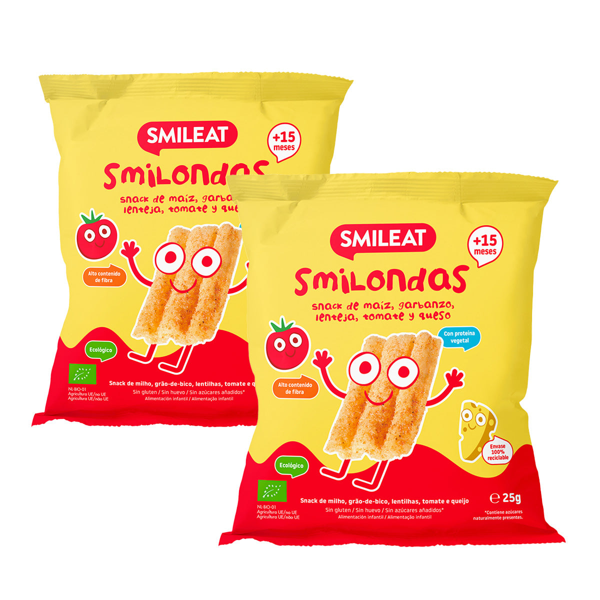 2er-Pack Smilondas Snack aus Mais, Kichererbsen, Linsen, Tomaten und Käse, Bio, Smileat, 25 g