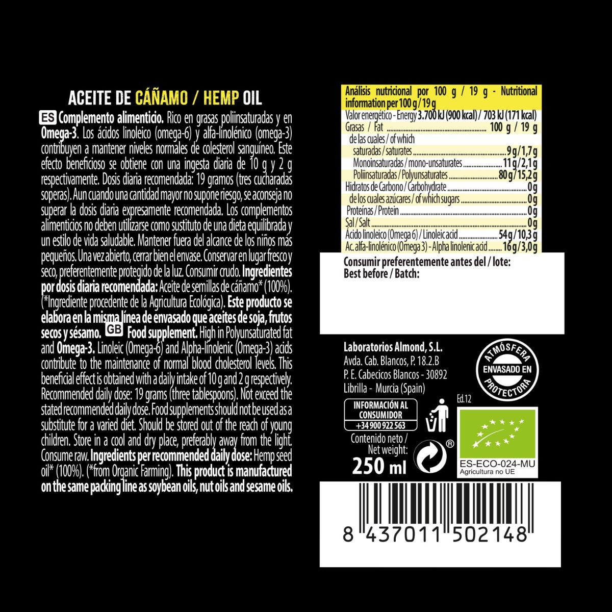 Aceite de Cañamo Bio, NaturGreen 250 ml