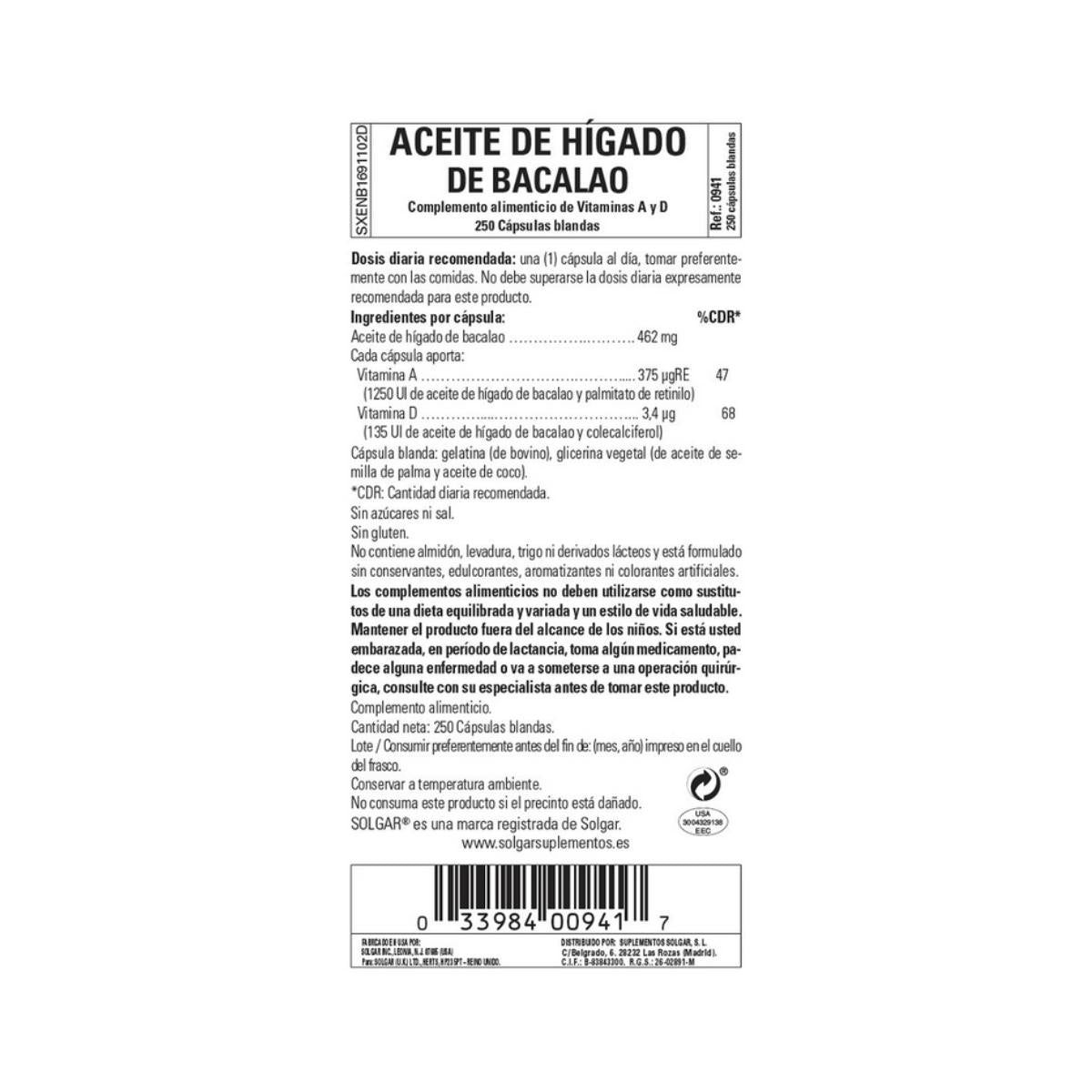 Aceite de Higado de Bacalao 250 cápsulas