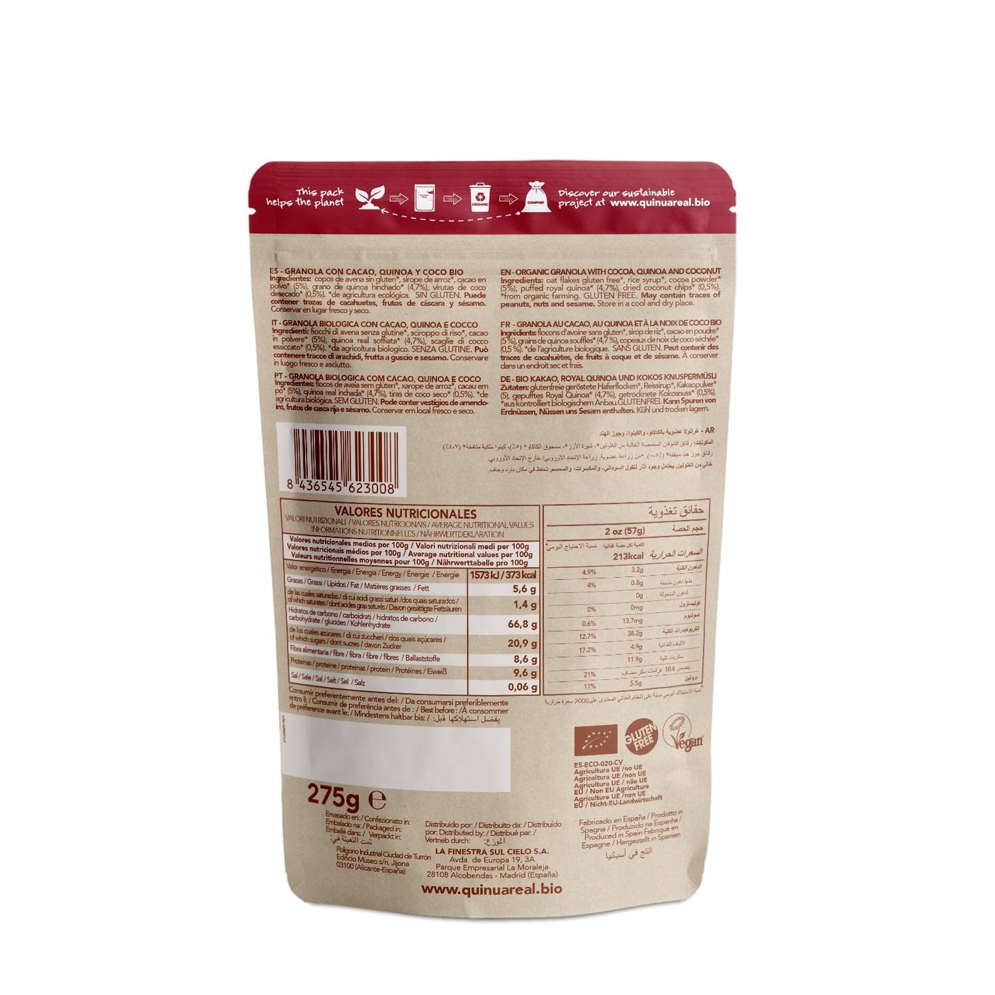 Granola aus Quinoa Real mit Kakao und Kokosnuss, glutenfrei BIO La Finestra Sul Cielo 250 g
