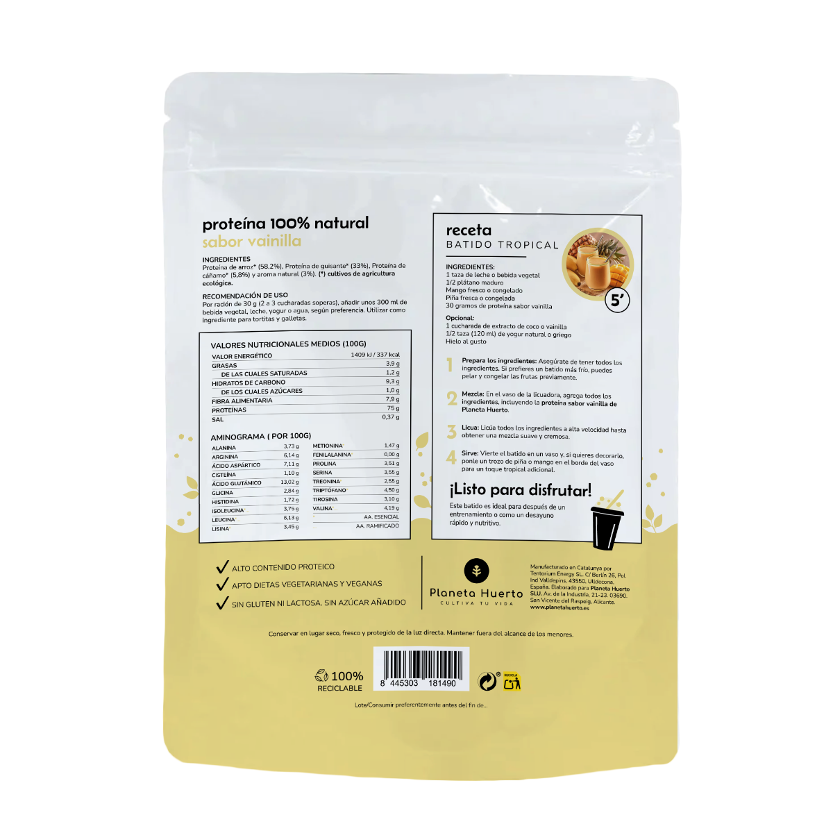 Protéines végétales Eco 75% vanille Planeta Huerto 500 g