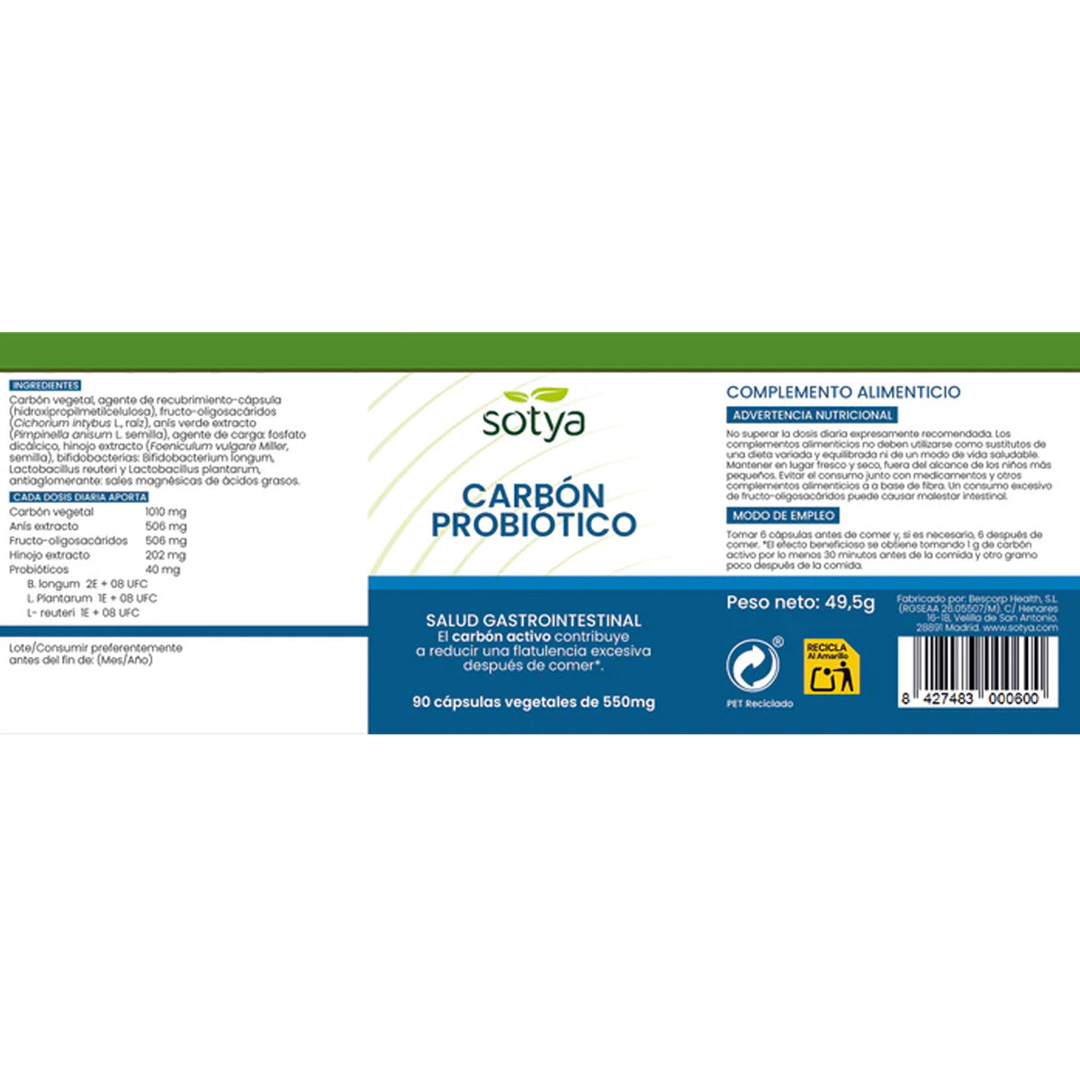 Sotya Probiotic Charcoal 90 Vegetable Capsules, 550 mg