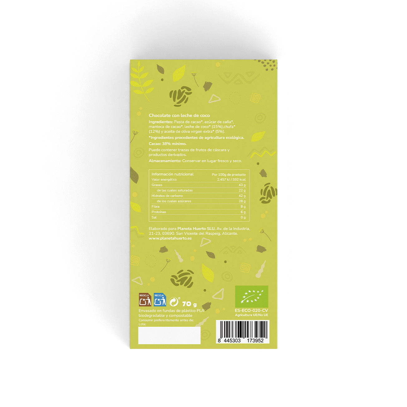 Barre de chocolat au lait de coco végétalien 38% ECO Planeta Huerto 70 g