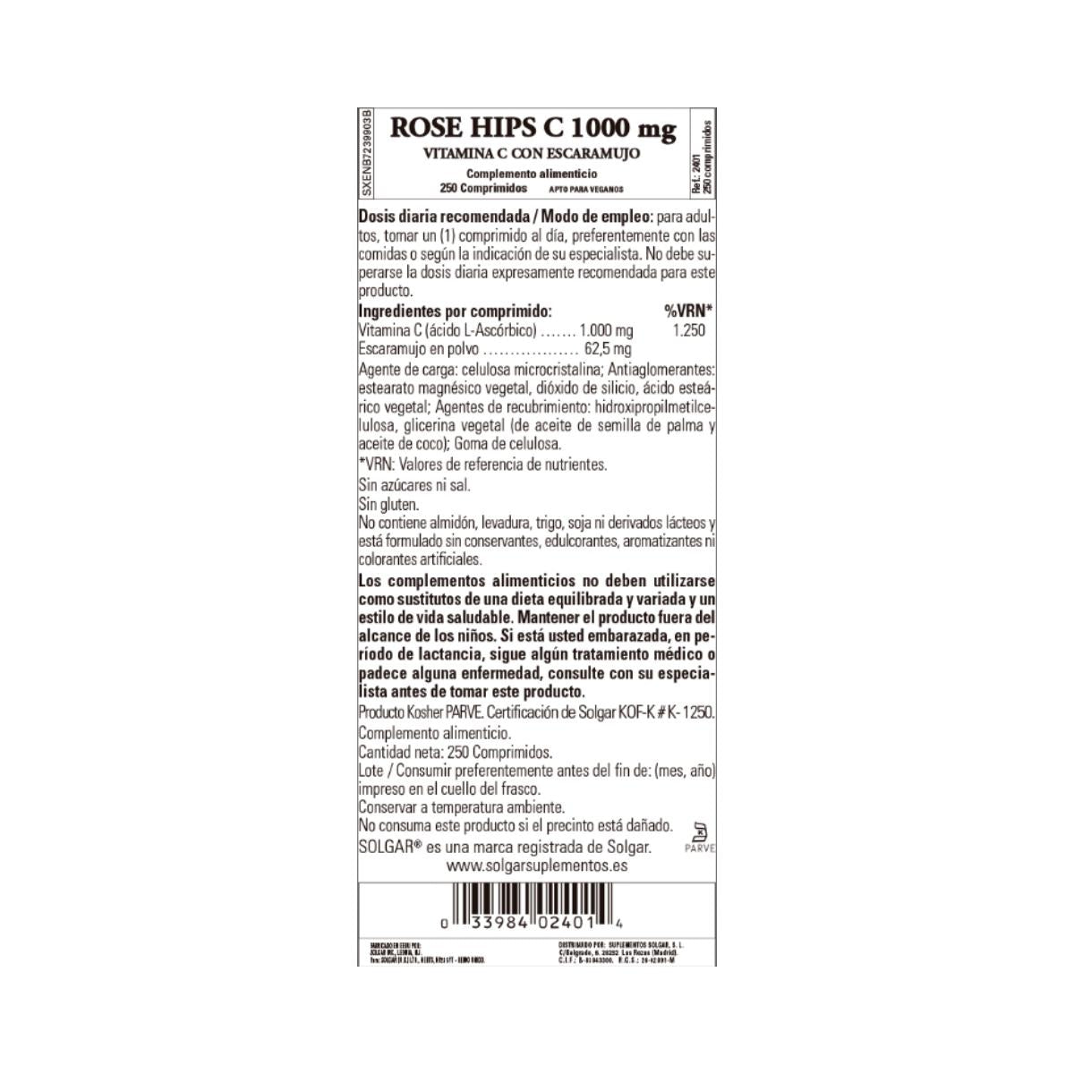 Rose Hips Vitamina C, 250 compresse da 1000 mg
