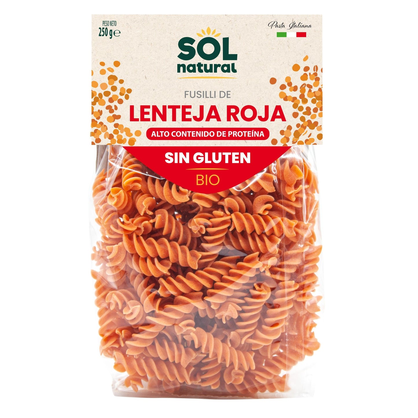 Glutenfreie Bio-Fusilli aus roten Linsen Sol Natural 250 g