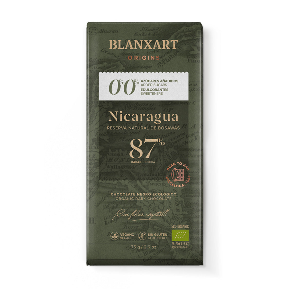 Chocolade Nicaragua 87% zonder suiker en zonder zoetstof, veganistisch, glutenvrij, Blanxart 75 g