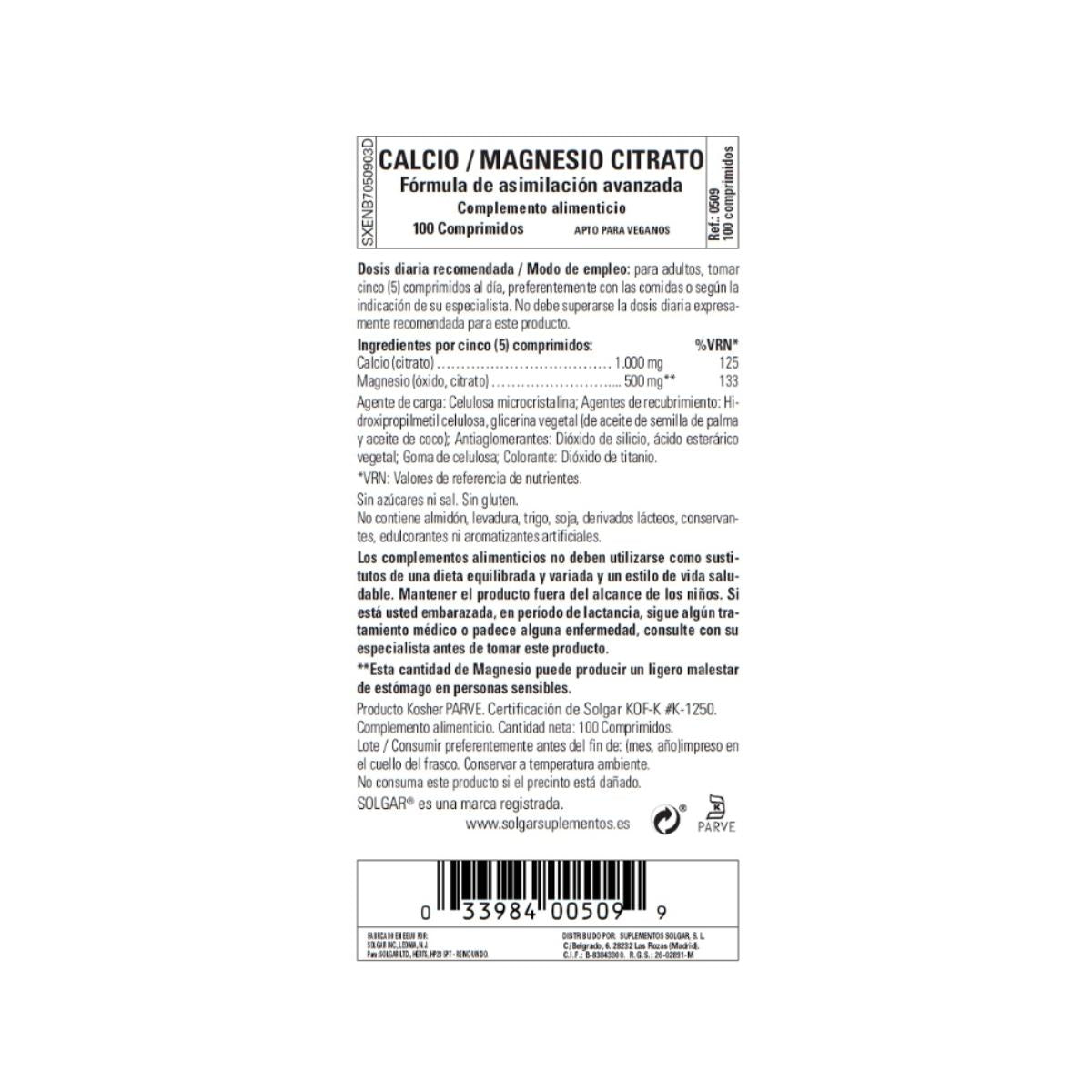 Citrate de calcium et de magnésium Solgar 100 comprimés
