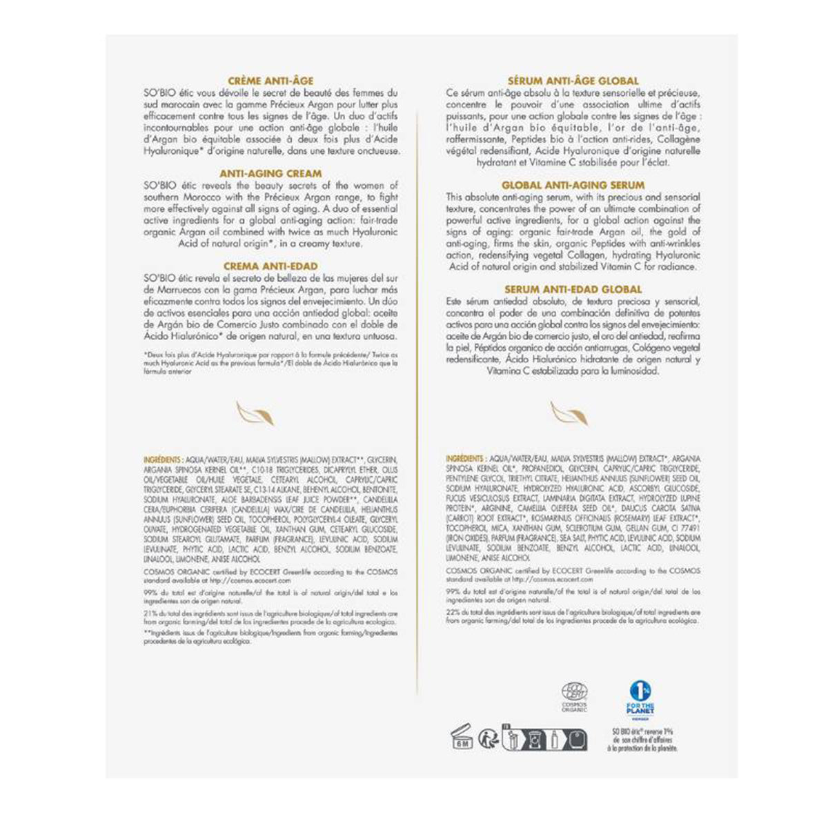 Cofanetto regalo per la cura del viso Precieux Argan biologico e acido ialuronico, So 'Bio