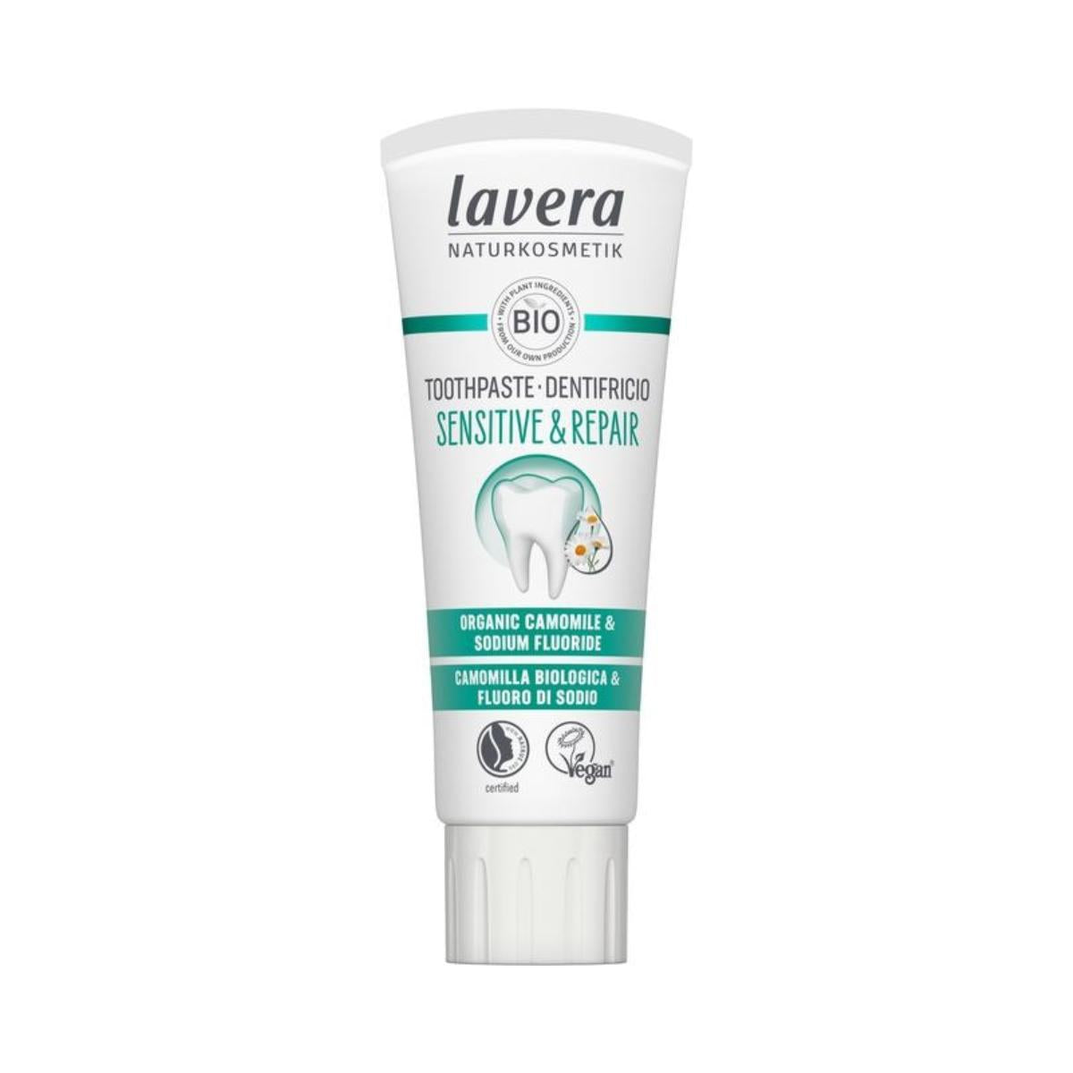 Dentifrice pour dents sensibles et réparation - Camomille BIO & fluorure de sodium, Lavera 75 ml