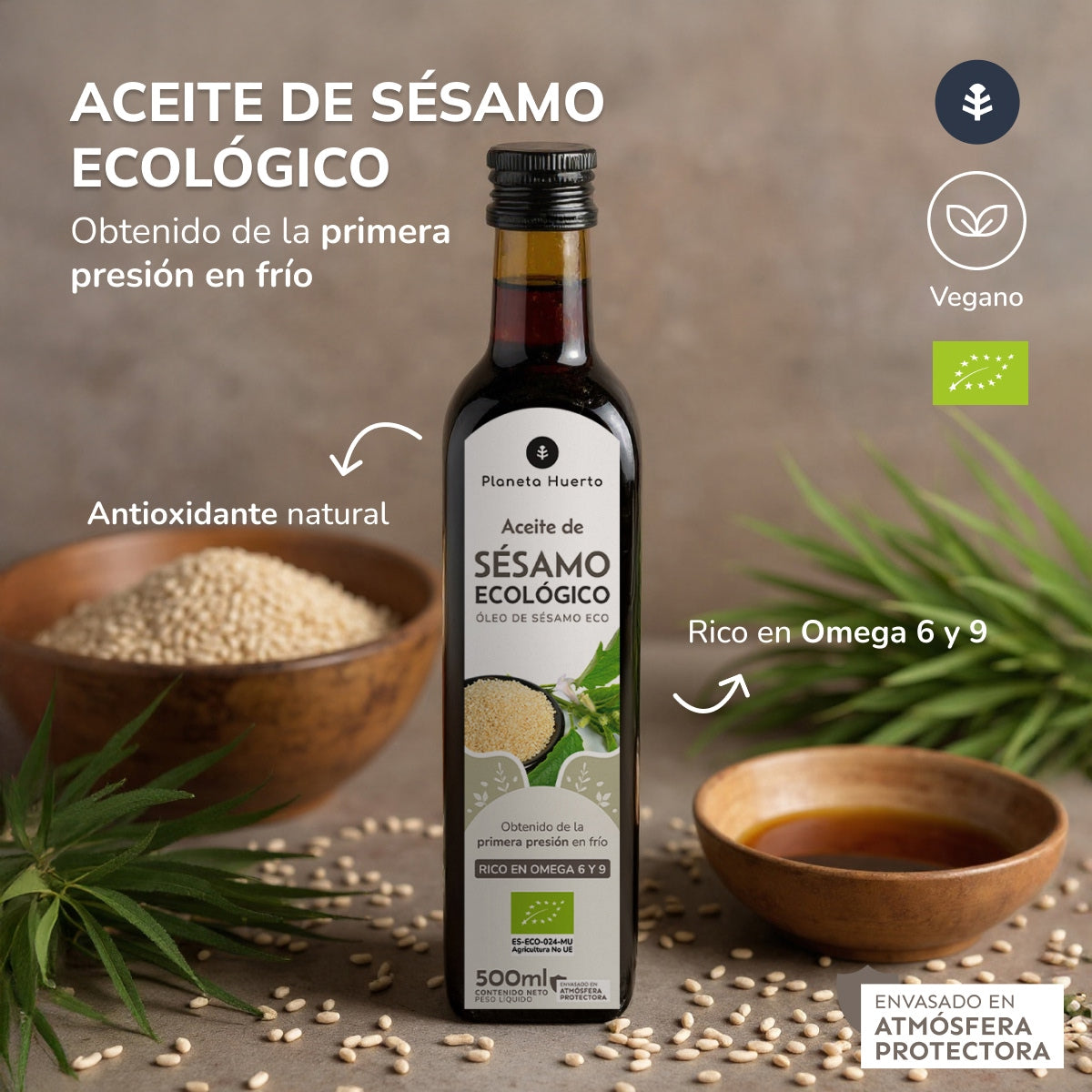 Pack of 3 ECO Planeta Huerto cold-pressed sesame oil 500 ml