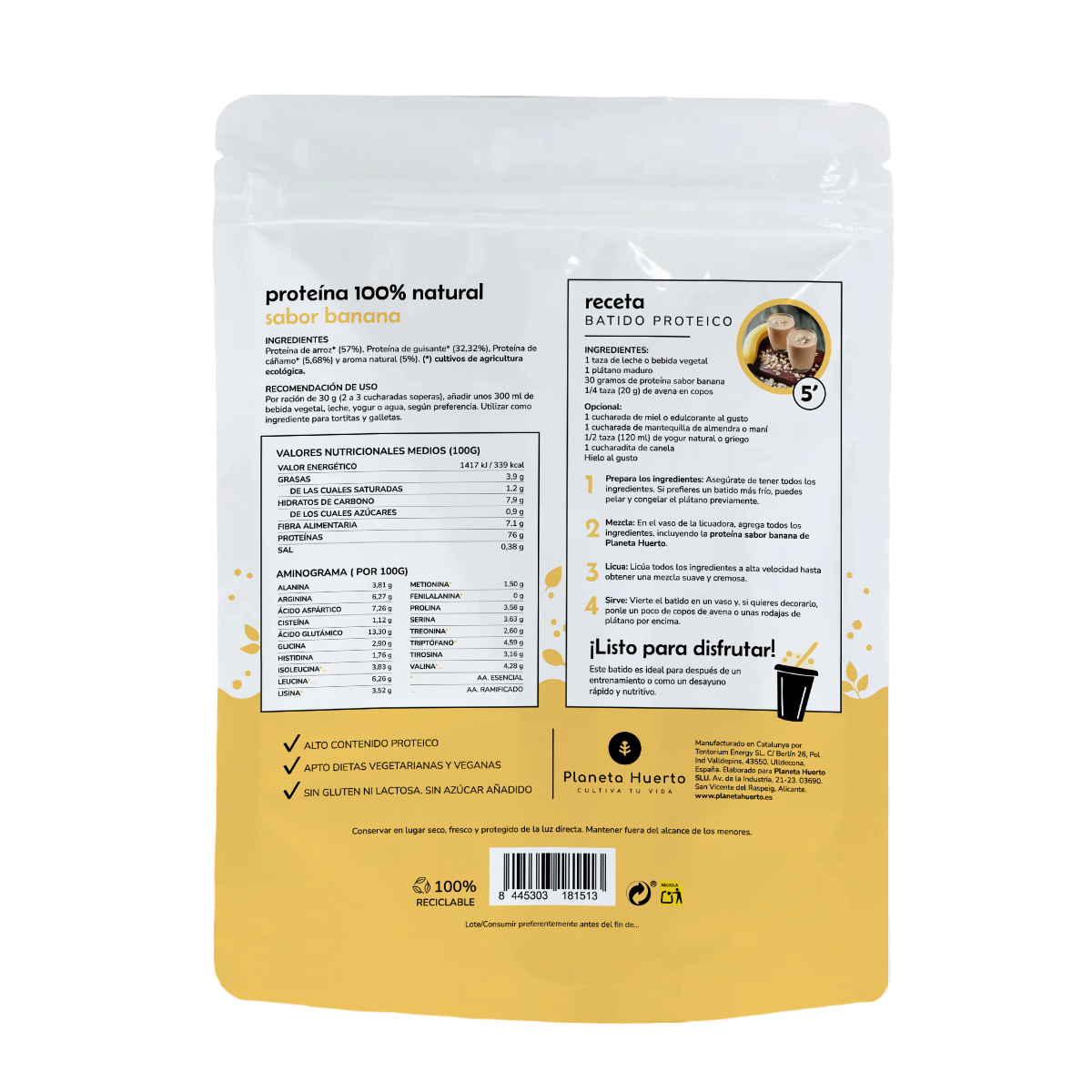 Proteína vegetal ECO 76% Banana Planeta Huerto 500 g