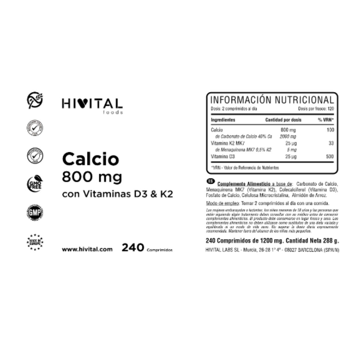 Calcium 800 mg avec vitamine D3 et K2 240 comprimés Hivital