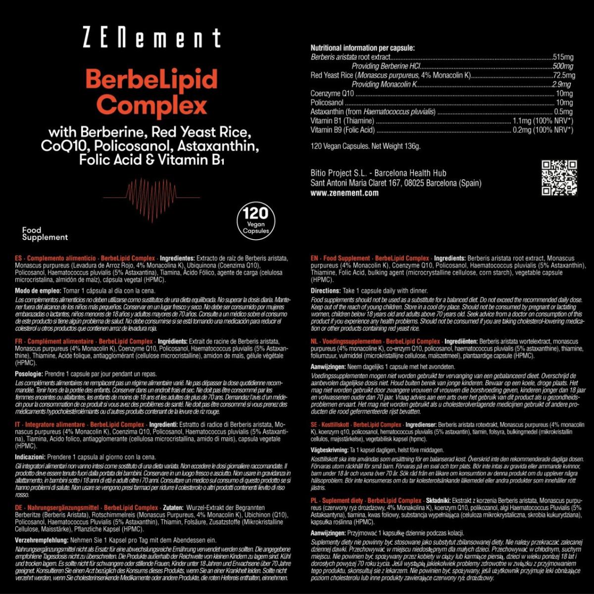 BeberLipid Complex con berberina, lievito di riso rosso, policosanolo, Q10, astaxantina, acido folico e vitamina B1 Zenement, 120 compresse