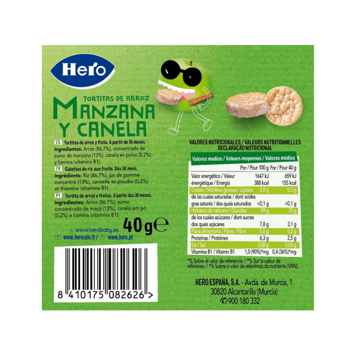 Opakowanie 7x bezglutenowe wafle ryżowe z jabłkiem i cynamonem 40 g - Hero/Kids