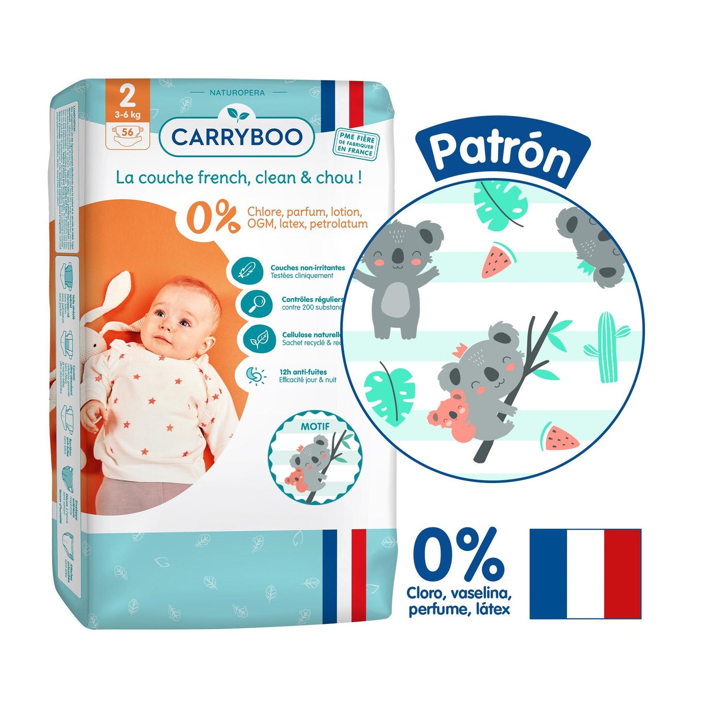 CARRYBOO – Ökologische Windeln T2 (3–6 kg) – Jumbo 56 Windeln