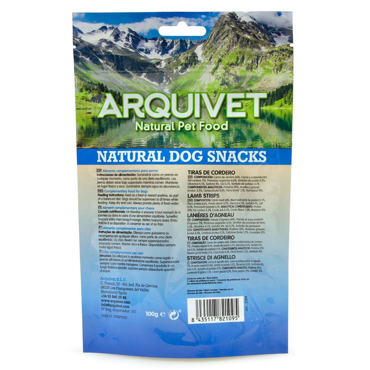 Natural dog snack Arquivet lamb strips 100 g