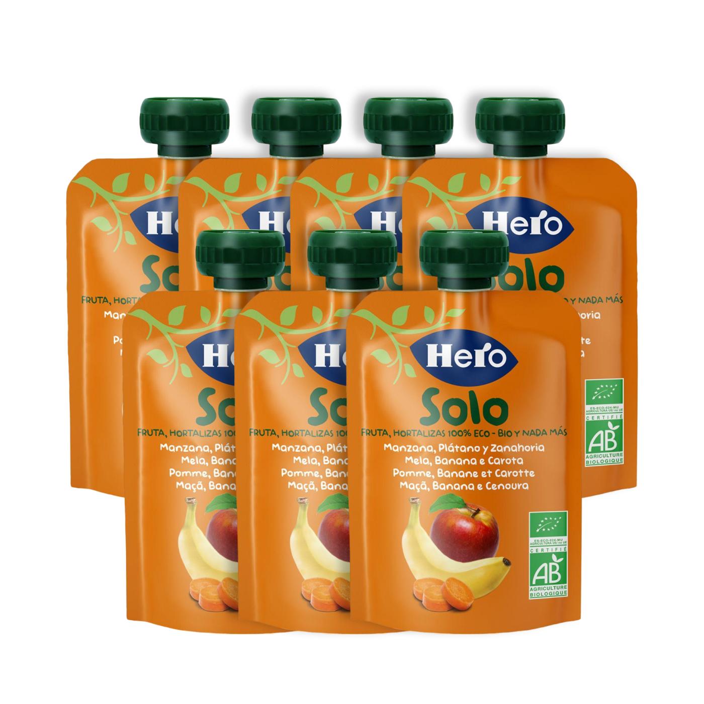 7er-Pack Beutel mit Apfel, Banane und Karotte, 100 % Bio, 100 g – Hero Solo