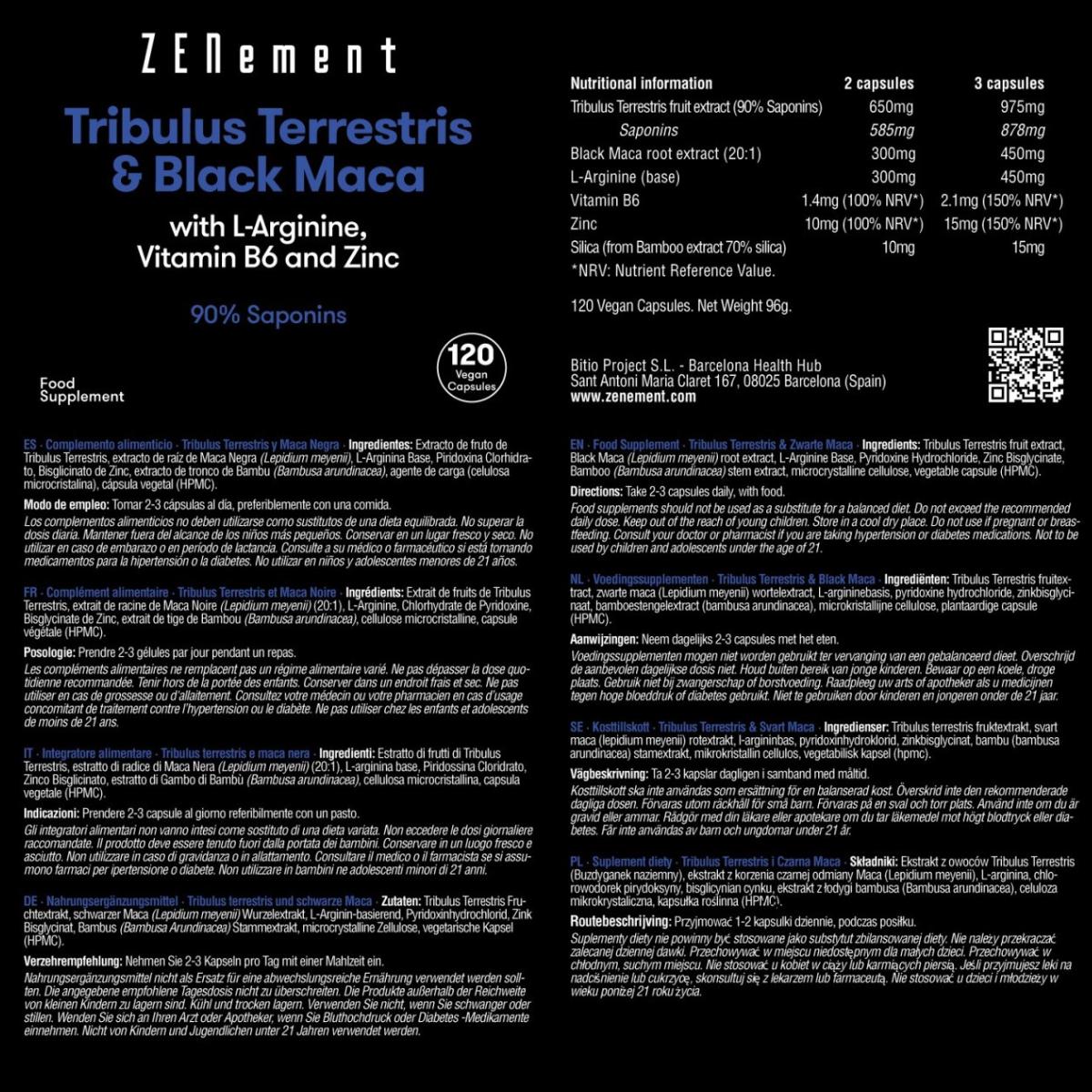 Tribulus Terrestris & Maca Negra, z L-argininą, witaminą B6 i cynkiem, Zenement 120 tabletek