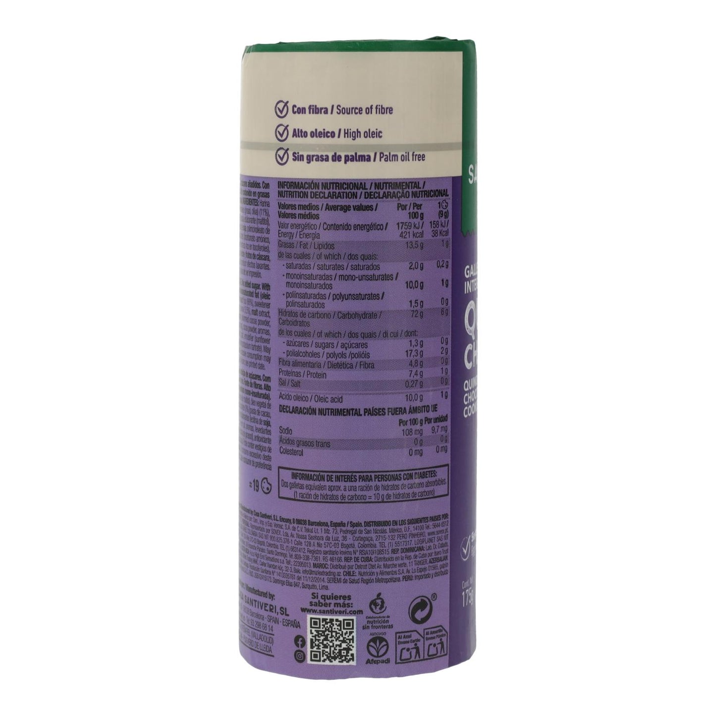 Volkoren koekjes Quinoa/Choco 0% suikers Santiveri 175 g