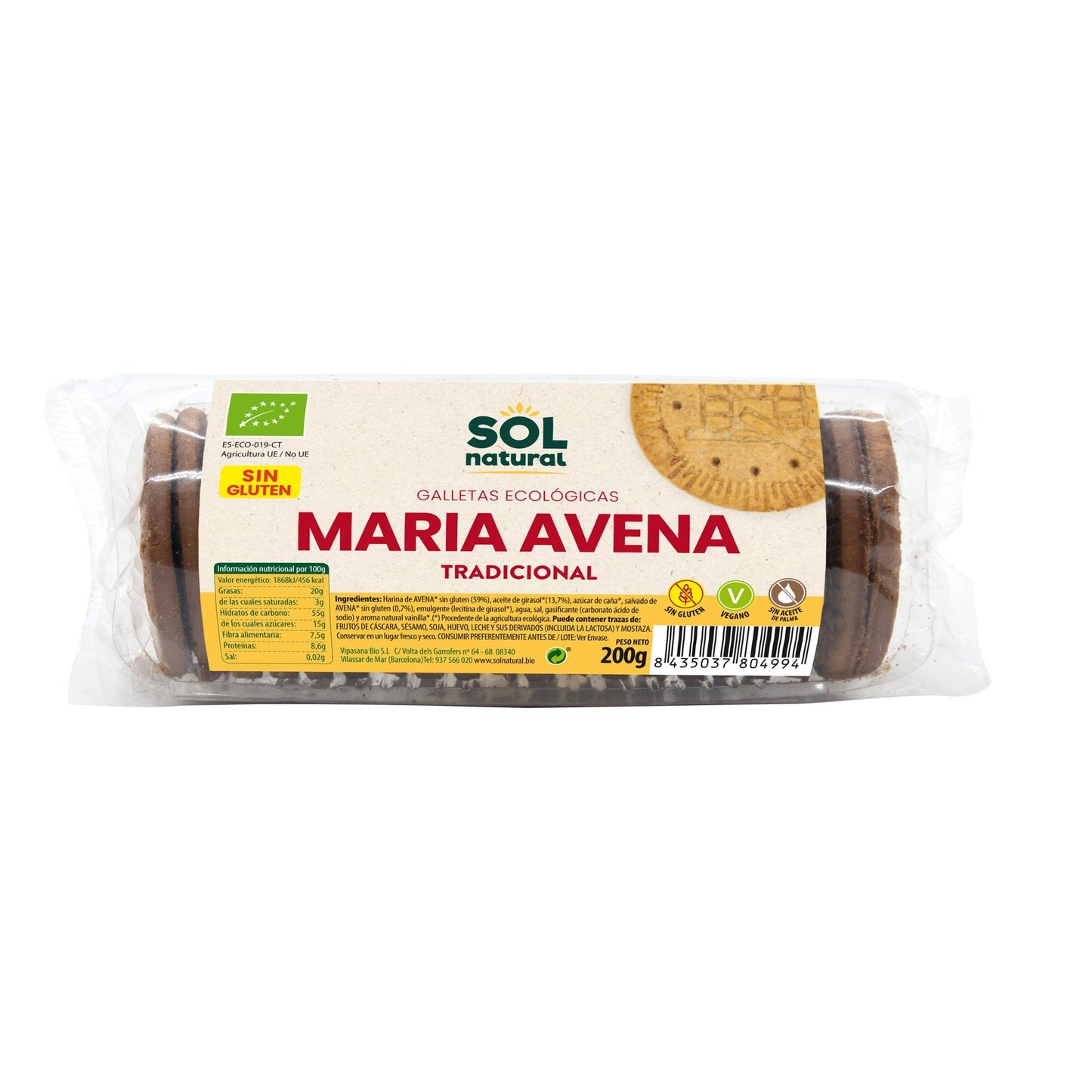 Biscuits Maria à l'avoine sans gluten bio Sol Natural 200 g