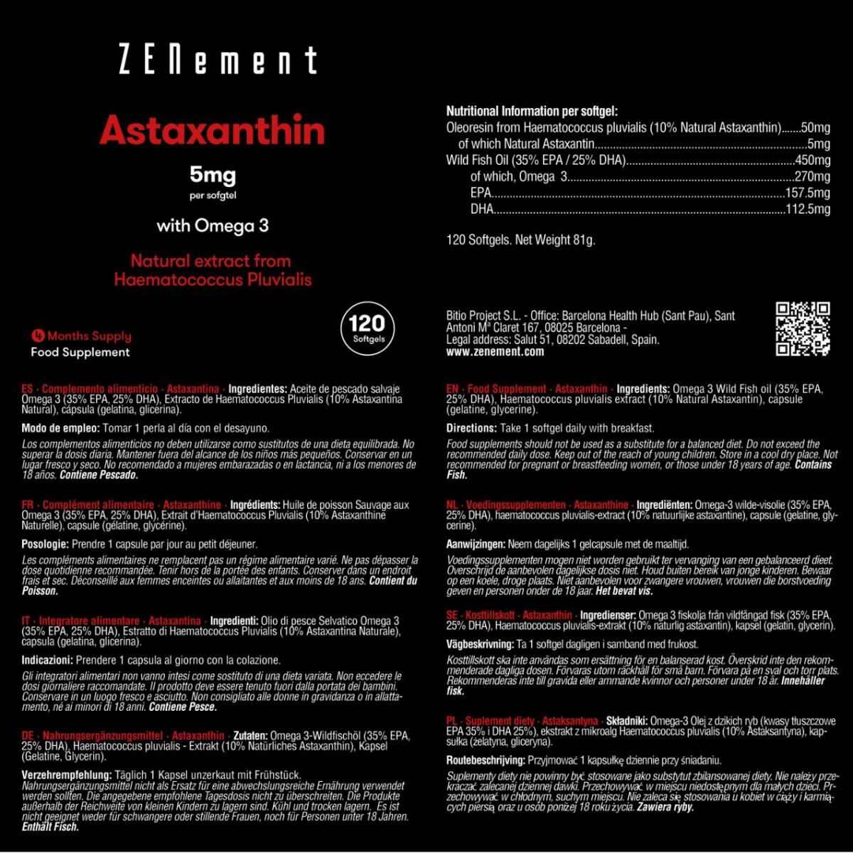 Astaxantina, 5 mg con Omega 3 Zenement, 120 compresse Astaxantina 5 mg con Omega 3