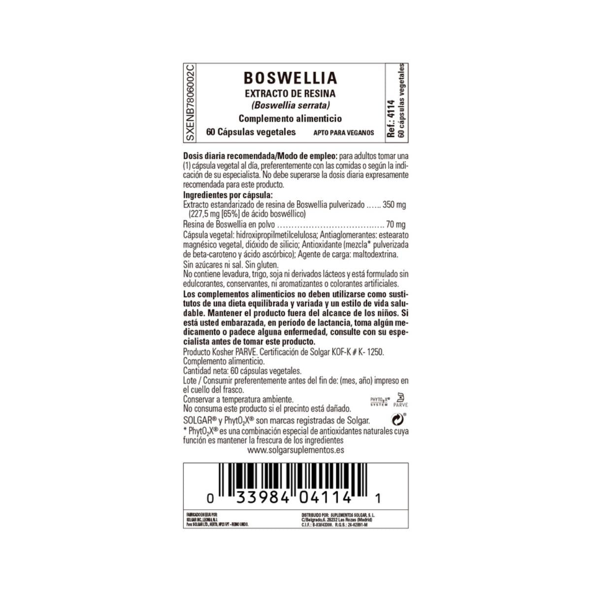 Extrait de résine de boswellia Solgar, 60 gélules